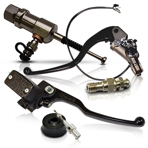 Hydraulik-Umrüstkits mit Hebeln, Gebern, Leitungen und Anschlüssen zur Nachrüstung am Motorrad.